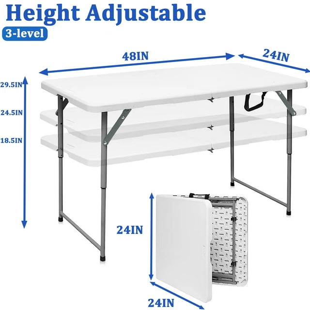 4FT Folding Table - Portable Foldable Table with Lock Function, Ideal for Indoor/Outdoor Use - Compact Design for Dining, Camping, and Parties - Heavy Duty, White