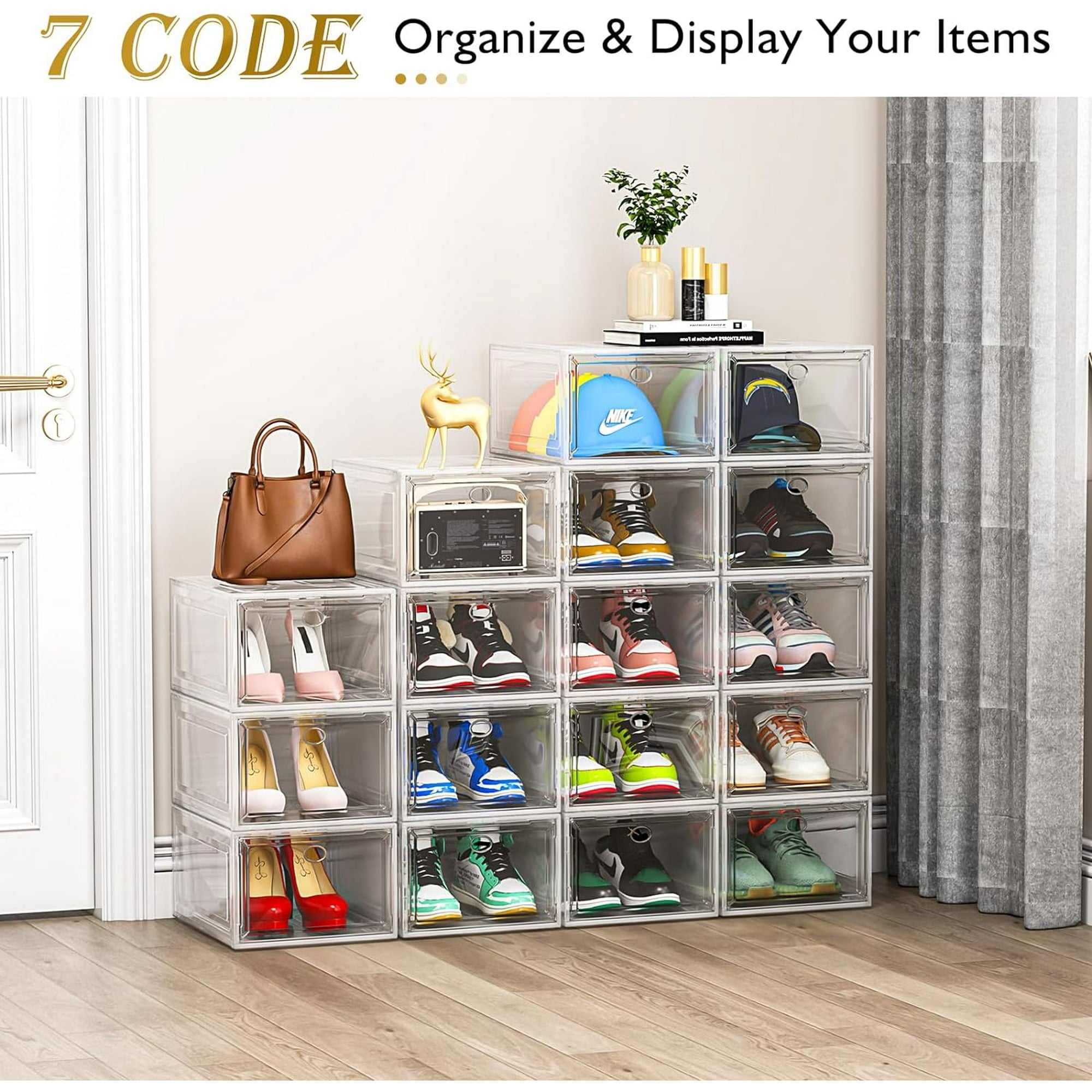 Large Clear Shoe Boxes Organizer【Thicker Material】Stronger Shoe Box with Magnetic Door, Stackable Shoe Storage Box for Closet, Foldable Space-Saving Storage Bins Shoe Cabinet, Clear White【9-Pack】