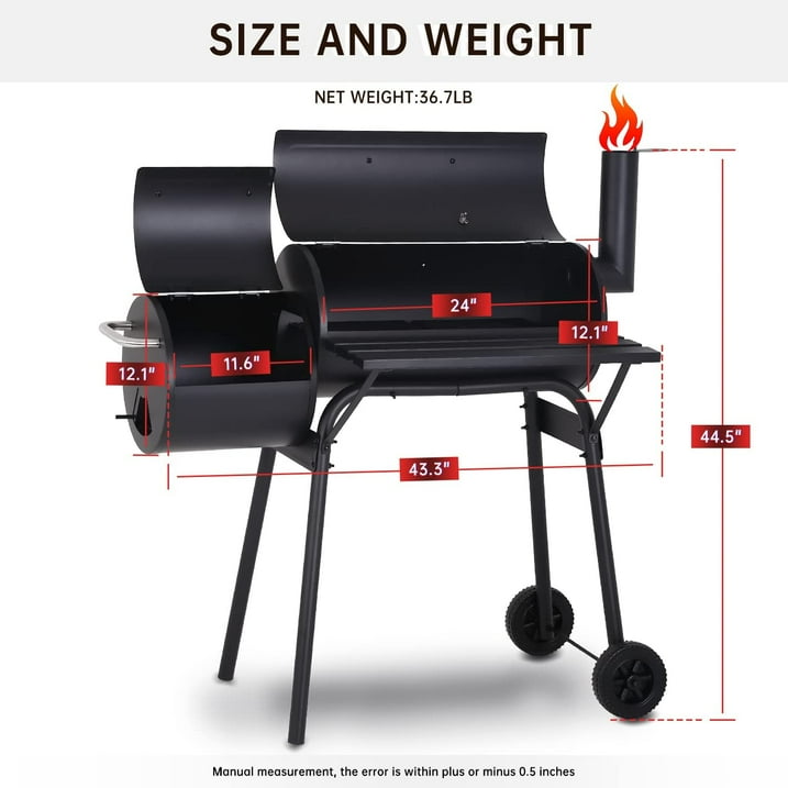 30 Barrel Charcoal Grill with Side Table, 627 Square Inches, Outdoor Backyard, Patio and Parties, Black
