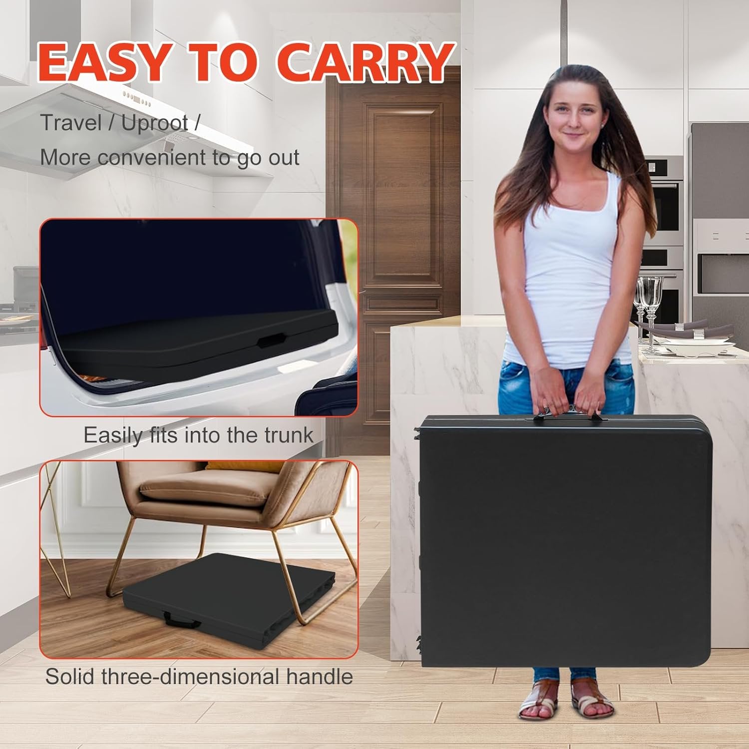 4 Foot Fold-in-Half Adjustable Premium Folding Table, Built-in Handle, Black