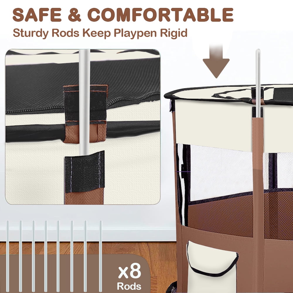 PETIMI Portable Pet Playpen, Foldable Dog Playpen Cat Playpen, Pet Tent for Indoor Outdoor Travel Camping Use - Brown, Small