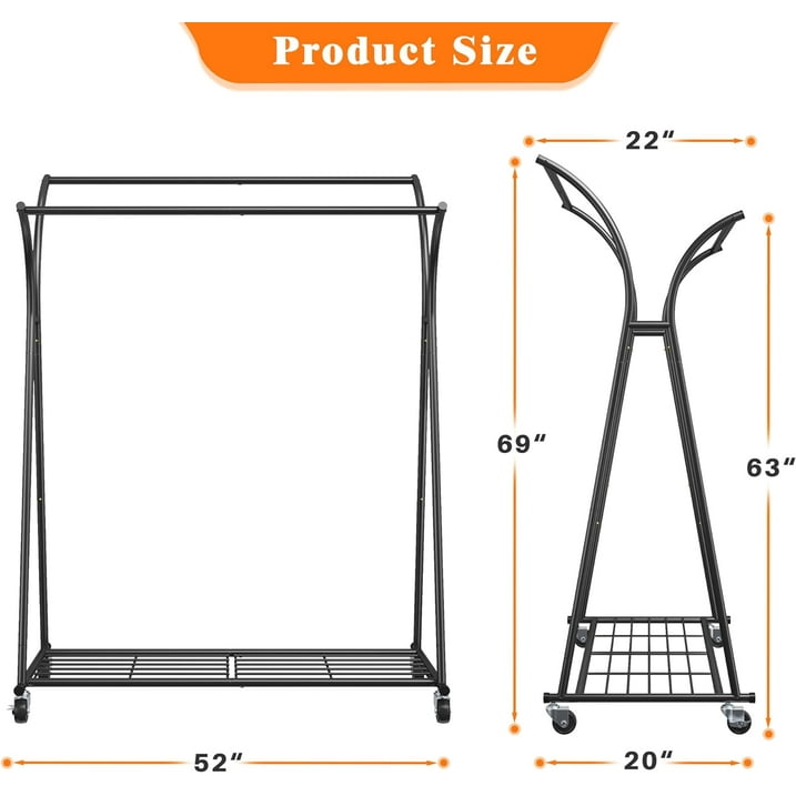 Camkey 59"Clothes Rack Heavy Duty Load 300Lbs, Rolling Clothing Racks for Hanging Clothes, Commercial Garment Rack, Collapsible ＆ Portable Clothes Rack with Wheels and Adjustable Shelves