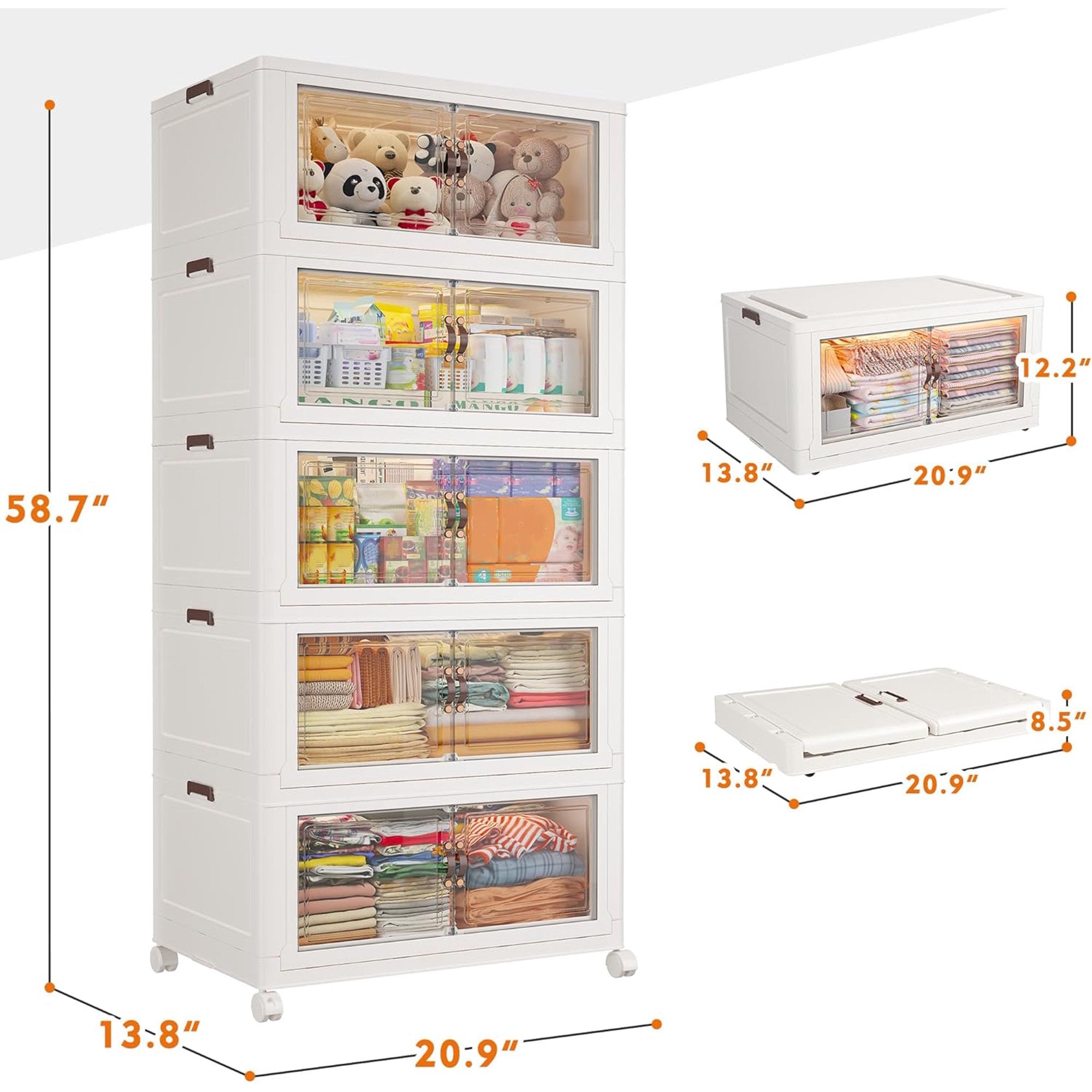 5 Tier Stackable Plastic Storage Bins with Lid and Wheels - 23 QT Closet Organizers and Storage, Foldable Storage Containers, Organization and Storage Boxes for Craft, Home, Pantry, Office, Dorm