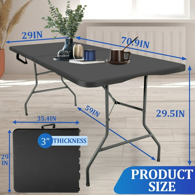 6FT Folding Table, Portable Plastic Design with Powder-Coated Steel Legs – Ideal for Picnics, Parties, Office and Camping – Convenient Carry Handle for Easy Transportation, Black