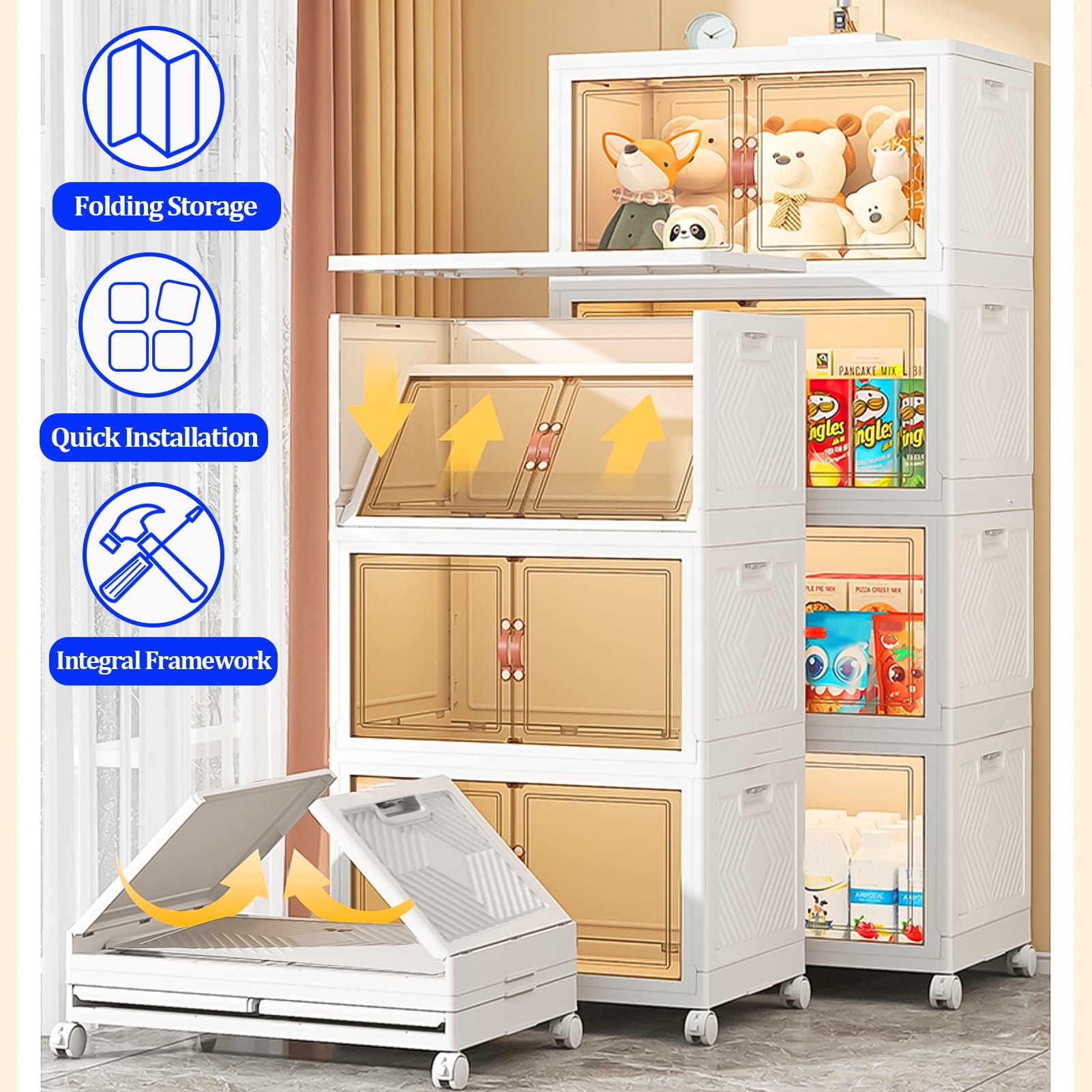 Closet Organizers and Storage - 4 Tier Stackable Plastic Bins with Lids, Wheels - Foldable, Collapsible Storage Boxes - Ideal for Clothes, Toys, Craft Supplies - Perfect for Any Room