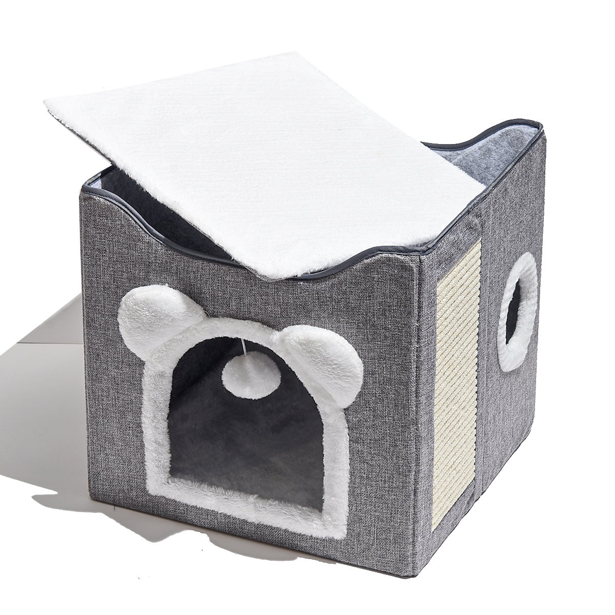 Petimi Cat House, Cute Cube Cats Bed with Scratching Board, Dangling Toy Ball, 15.4x15.4x15 inches