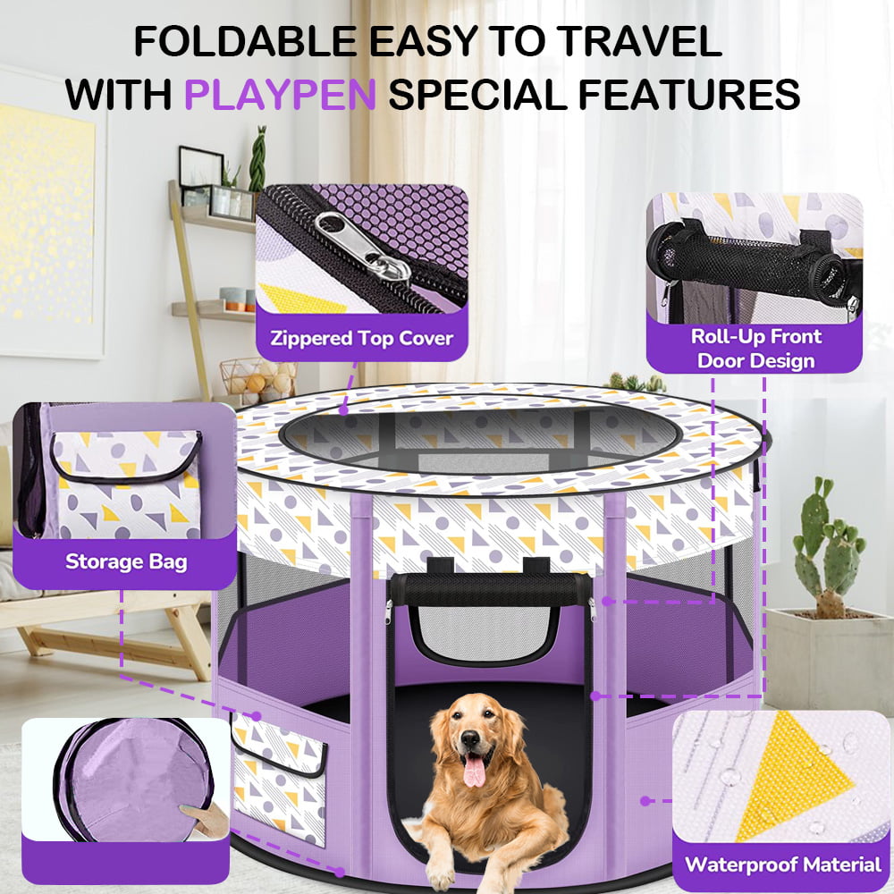 PETIMI Portable Pet Playpen, Foldable Dog Playpen Cat Playpen, Pet Tent for Indoor Outdoor Travel Camping Use - Purple, Medium