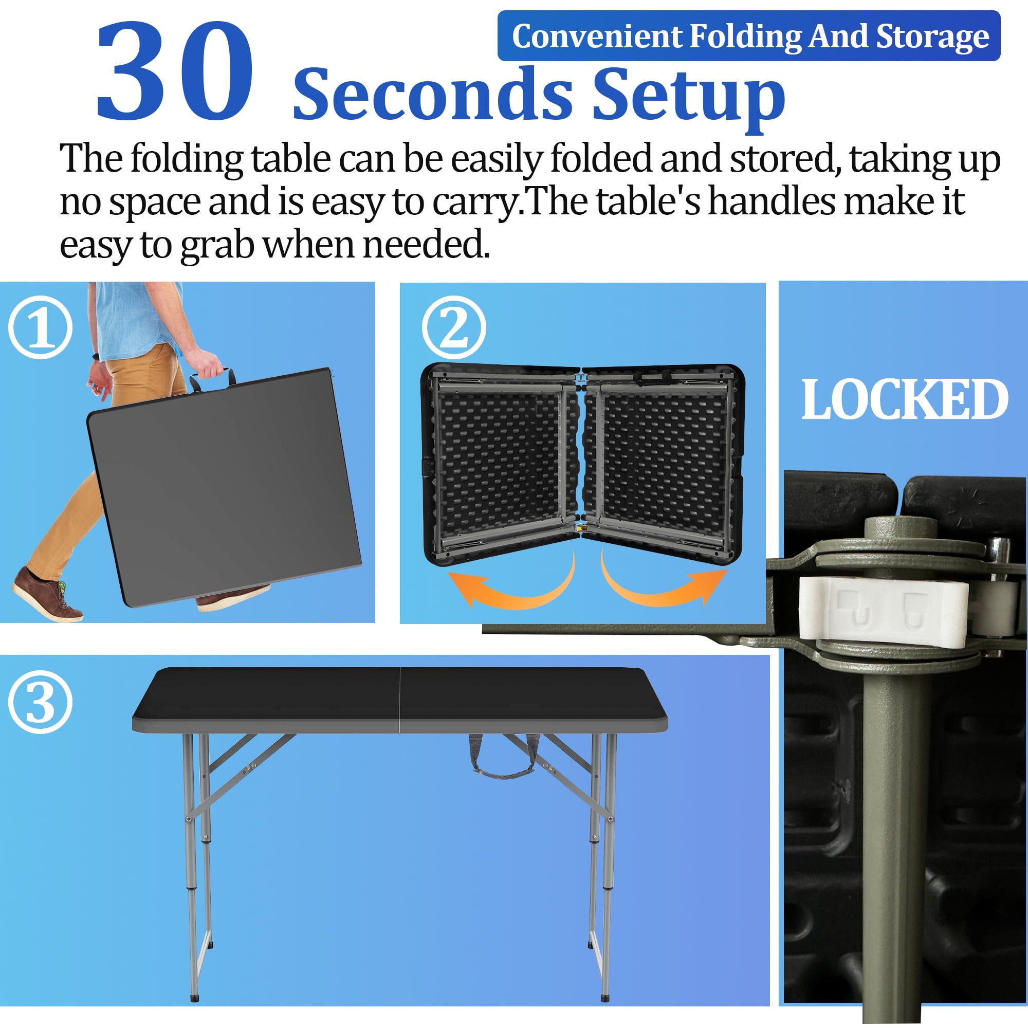 Camkey 4ft Portable Plastic Folding Tables for Indoor Outdoor, Black