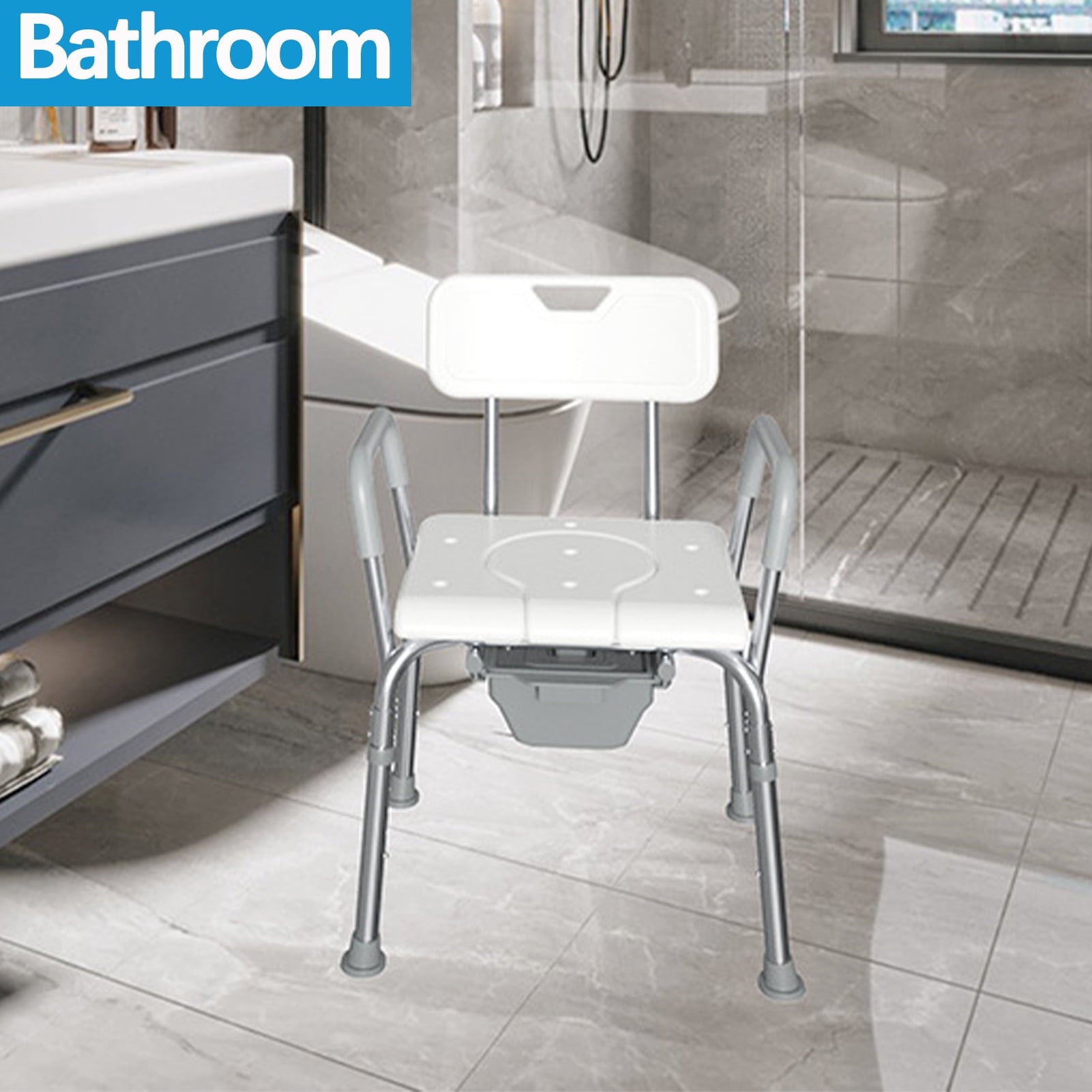 Portable Bedside Commode and Shower Chair, Adjustable Commode Chair with Arms and Non-Slip Tips, 330lbs Capacity – Ideal for Seniors, Disabled, Pregnant, and Handicap Users, Comfortable and Safe