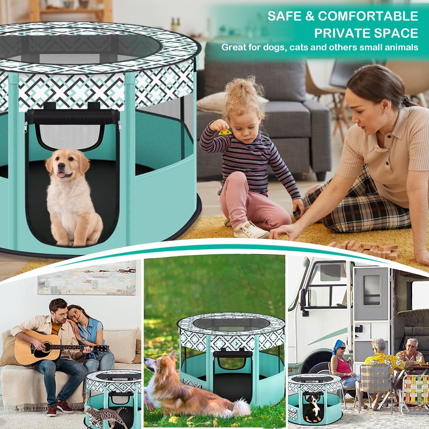Petimi Portable Pet Playpen, Foldable Dog Playpen Cat Playpen, Pet Tent for Indoor Outdoor Travel Camping Use - Green, Small