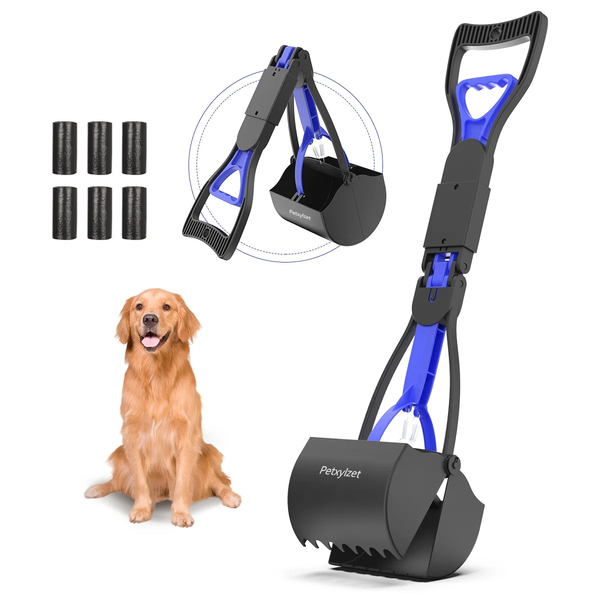 Petxylzet 24" Pooper Scooper Tool for Dogs and Cats , Foldable Pet Pooper Scooper Tool with 6 Roll Waste Bags,Durable Long Handled Poop Pick Up Tool,Great for Lawns, Grass, Dirt, Gravel