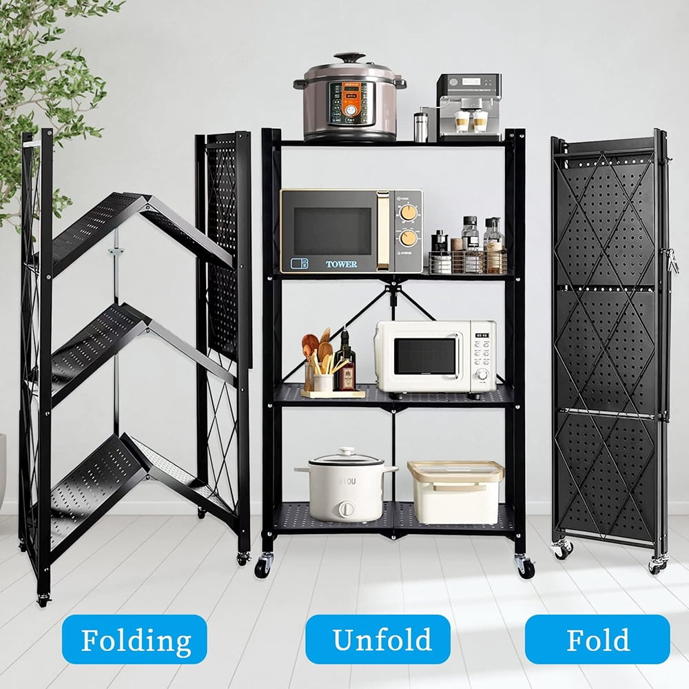Foldable Storage Shelves, Heavy Duty Metal Shelving Unit for Garage, Kitchen & Basement Organization - 4-Tier Rack with Wheels, Easy Assembly, Black