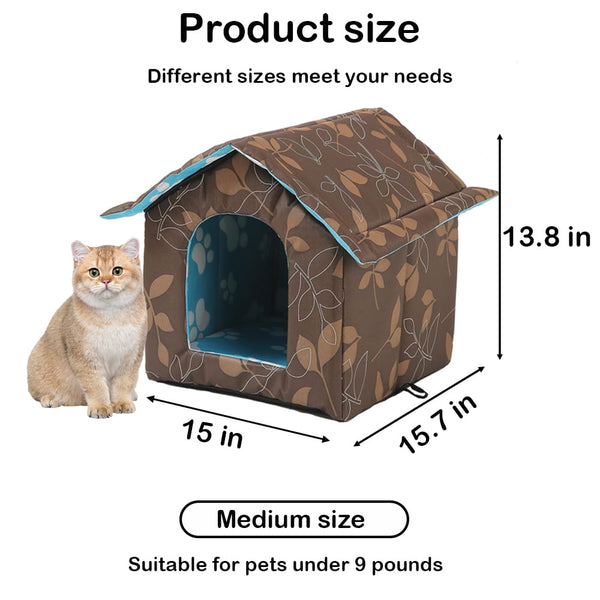 PETIMI Outdoor Cat House, Foldable Cat Bed Cave, Easy to Assemble Cat Tent, Weatherproof Shelter for Cats Dogs - Brown, Medium