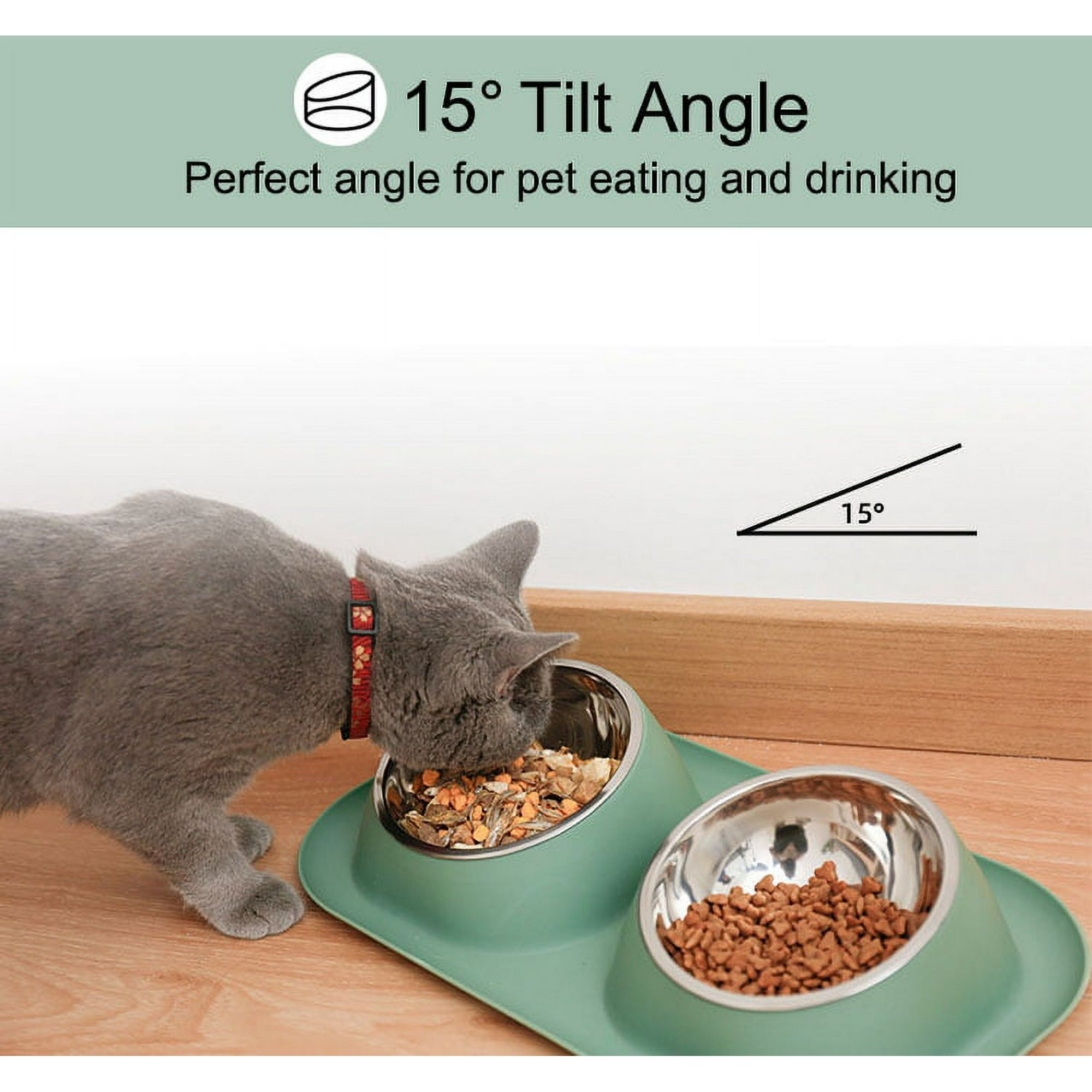 PETIMI Cat Bowl, Small Dog Bowls, Cat Food Bowl with 2 Removable Stainless Steel Feeding Bowls, Suitable for Small and Medium Sized Pets（Green）