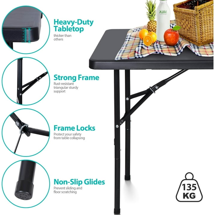 Camkey Fold-in-Half Banquet Table w/Handle, 4 ft, Black