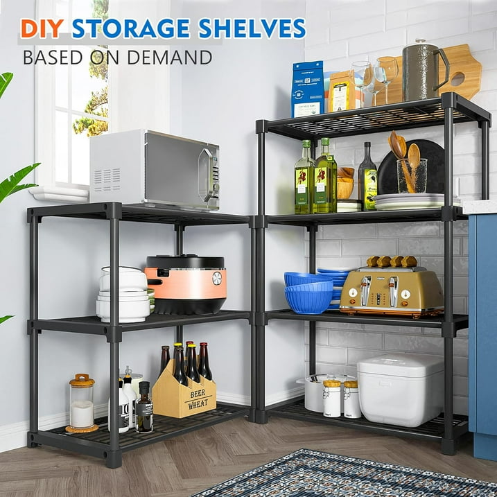 Camkey Storage Shelves with 20 Hooks, 4-Tier Collapsible Organization Storage Rack Bookshelf Folding Pantry Shelves Cube Shelf Wire Shelving Holds 440 Ibs for Garage