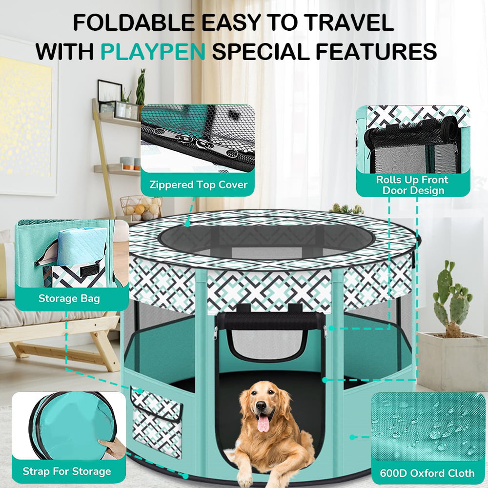 PETIMI Portable Pet Playpen, Foldable Dog Playpen Cat Playpen, Pet Tent for Indoor Outdoor Travel Camping Use - Green, Medium