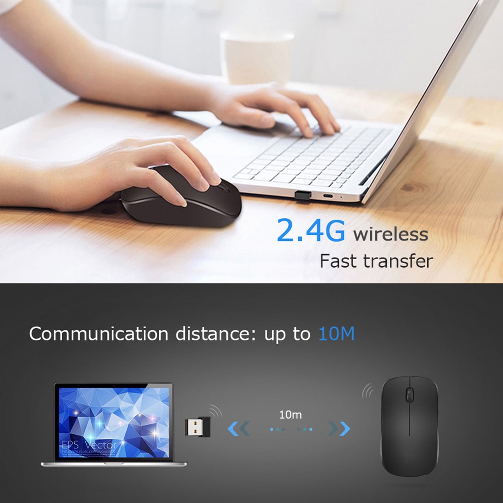 Suproot Wireless Mouse Full Size Ambidextrous Curve Design, Precise Cursor Control Scrolling Wide Scroll Wheel Thumb Grips for Laptop, Computer