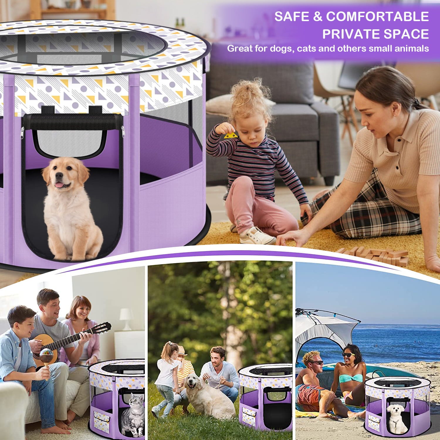 PETIMI Portable Pet Playpen, Foldable Dog Playpen Cat Playpen, Pet Tent for Indoor Outdoor Travel Camping Use - Purple, Small