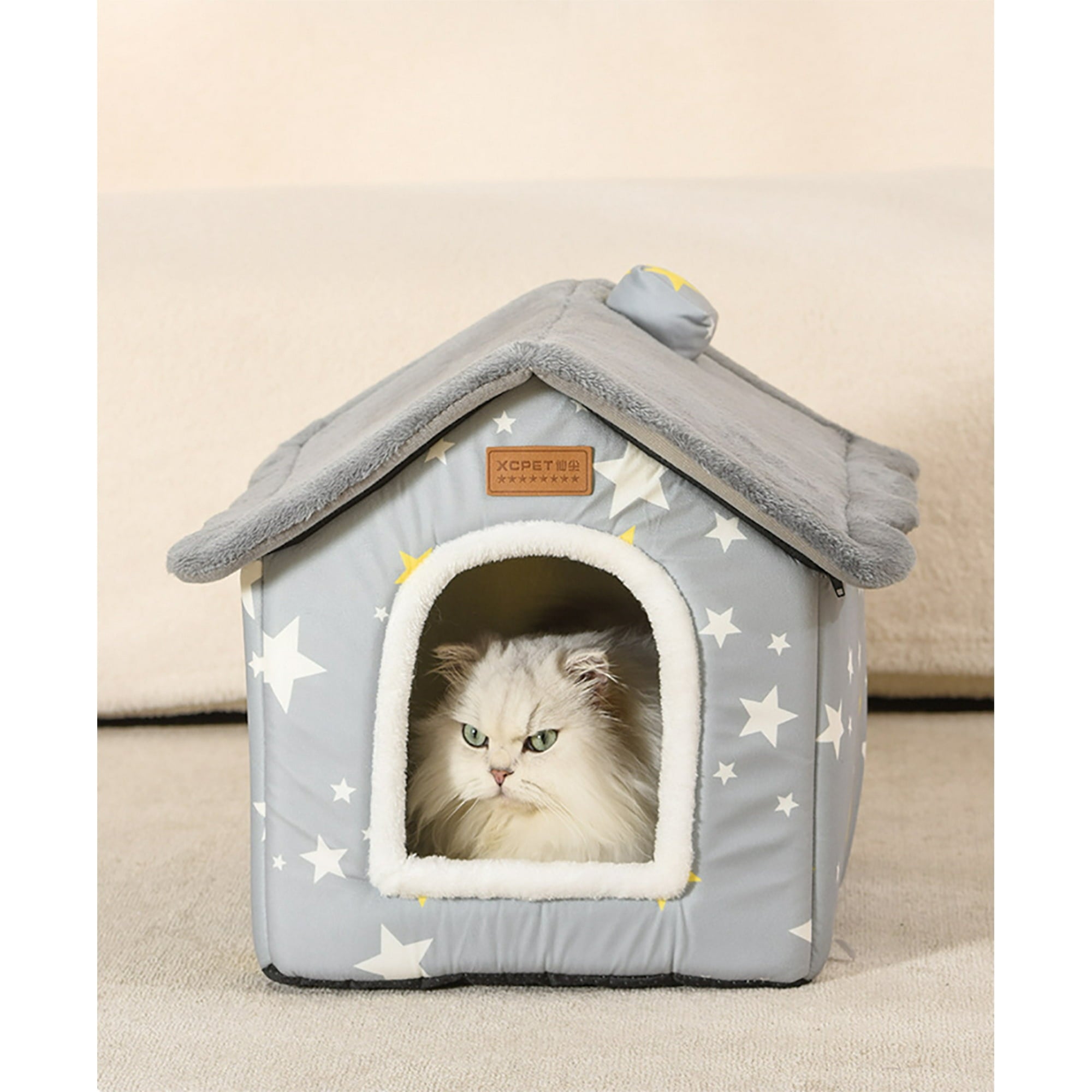 PETIMI Cat House, Foldable Small Dog House, Cozy Indoor/Outdoor Pet House for Cats and Small Dogs with Removable Cushion