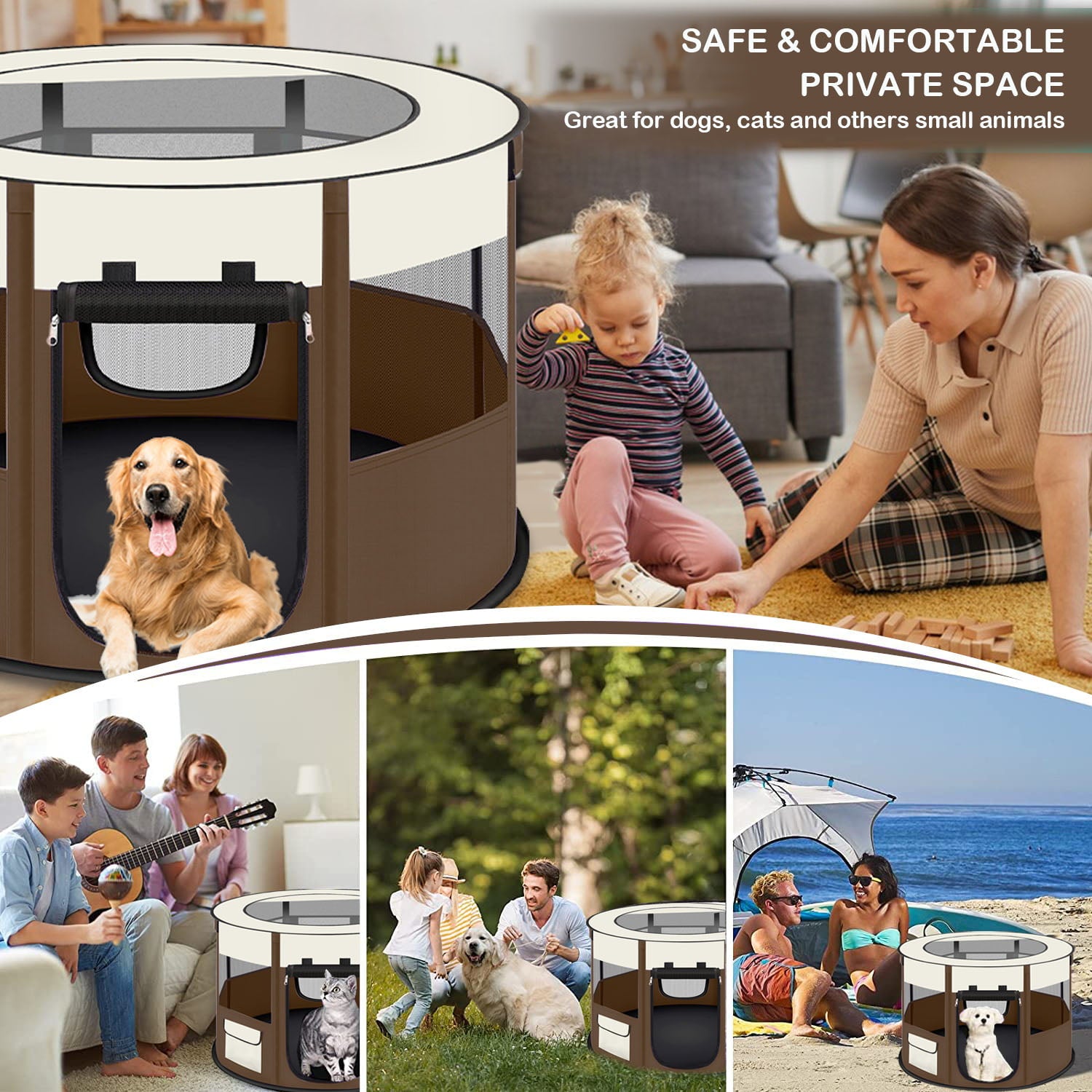 Petimi Portable Pet Playpen, Pet Tent for Indoor Outdoor Travel Camping Use - Brown, Medium