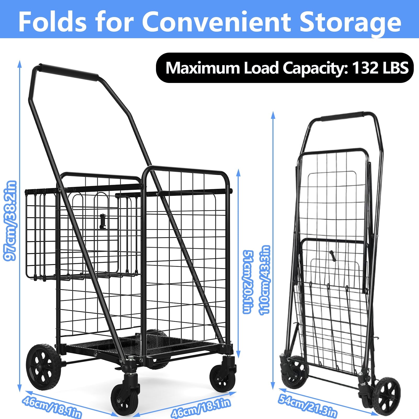 Extra-Large Foldable Shopping Cart with 360° Swivel Wheels, Heavy-Duty Design for Grocery, Laundry, and Luggage – 132 LBS Capacity