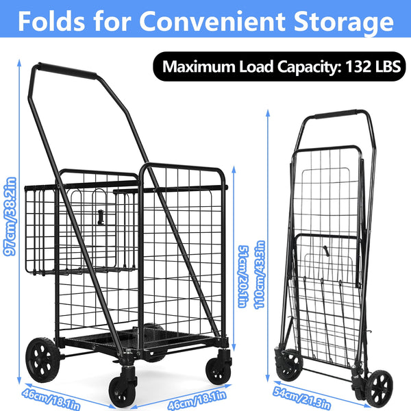 Folding Shopping Cart with Wheels, 360° Swivel Design, Heavy Duty Utility Cart, Black