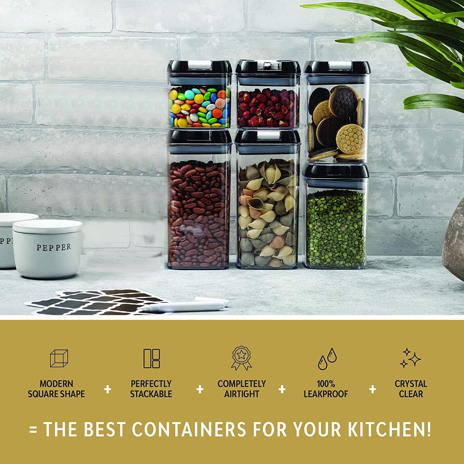 Suproot Kitchen Variety Set of 6 Pantry Organization Canisters with Lids, Marker and Labels Included