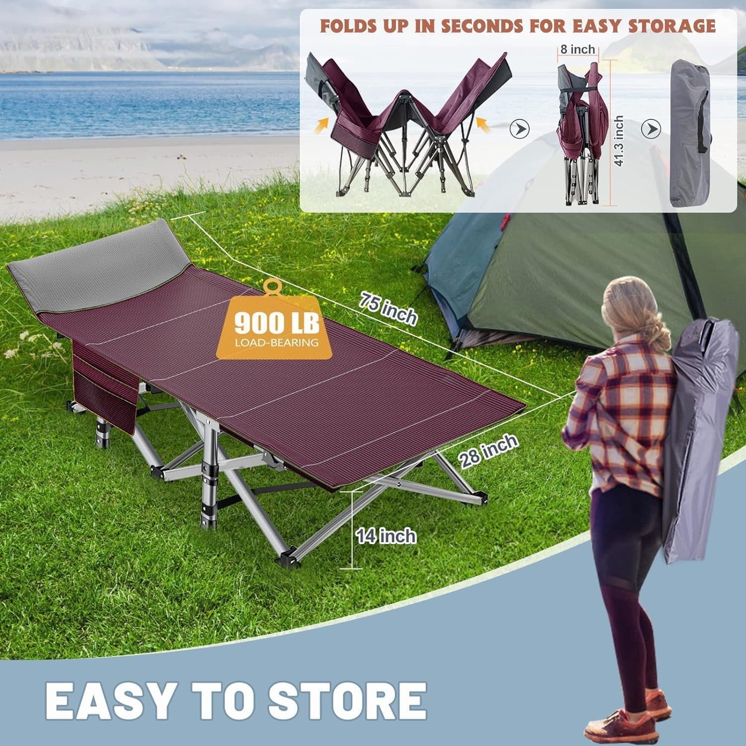 Folding Camping Cot, Folding Cot Camping Cot for Adults Portable Folding Outdoor Cot with Carry Bags for Outdoor Travel Camp Beach Vacation