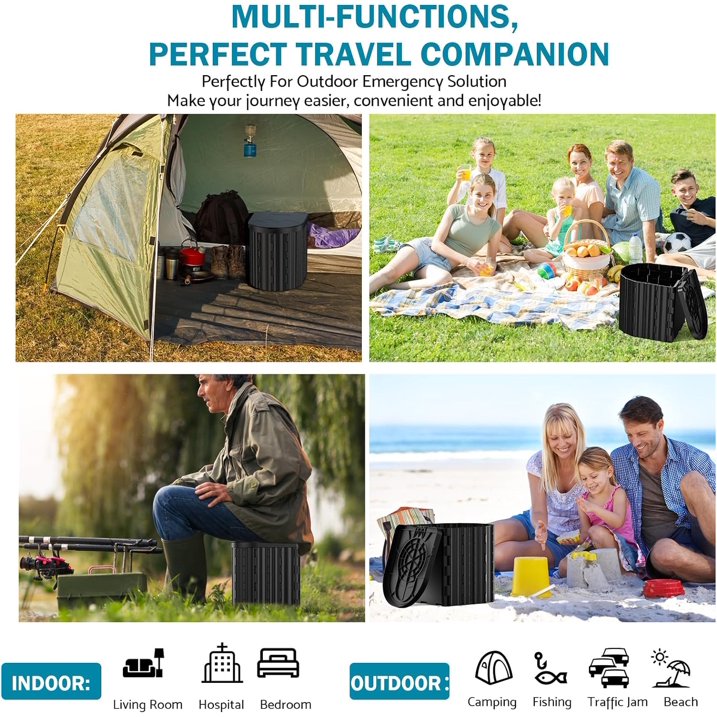 Indoor Outdoor Commode w/Detachable Inner Bucket & Removable Paper Holder, Lightweight & Compact for Camping, Boat, Van, Emergency Use,Black