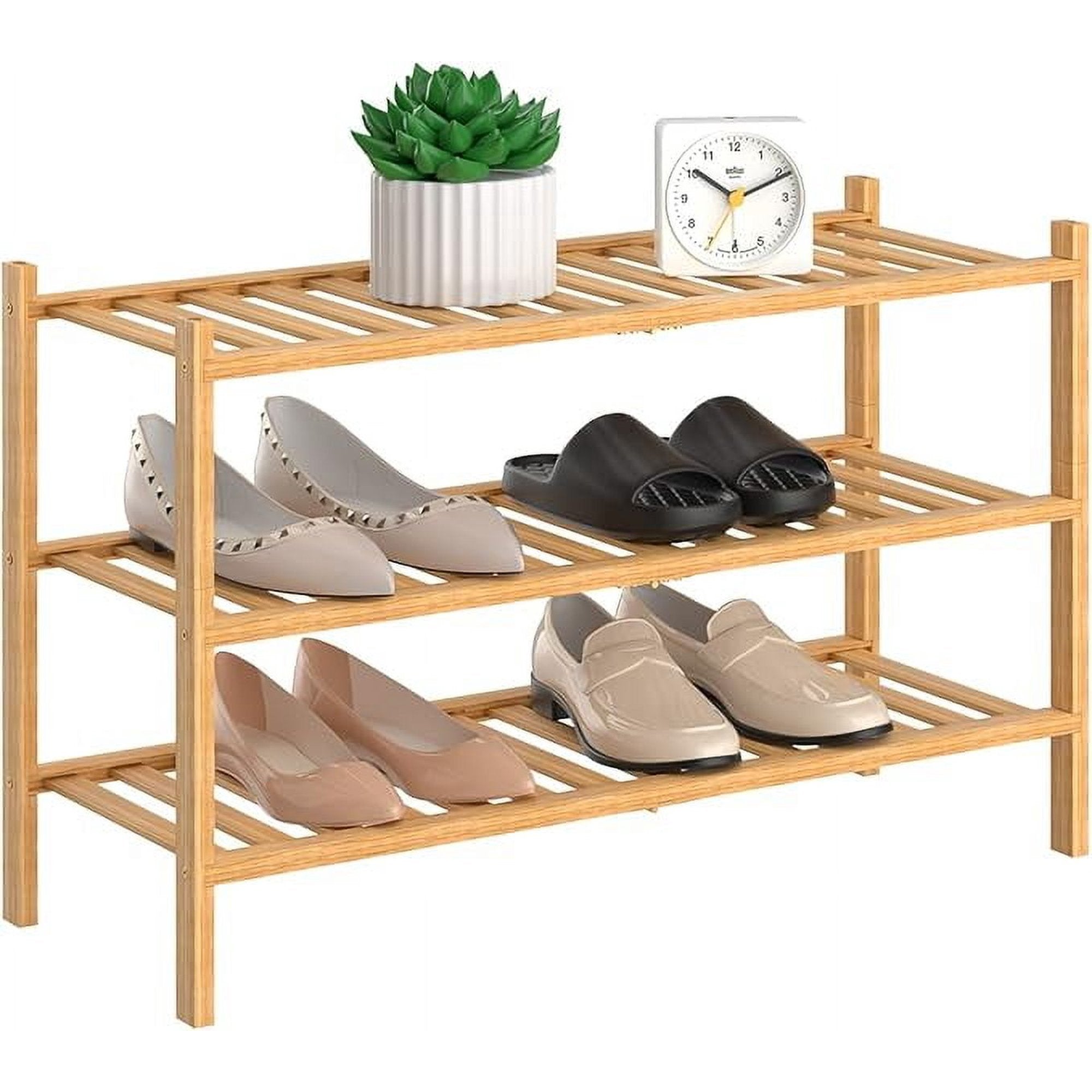 3-Tier Natural Bamboo Shoe Rack - Stackable Storage Shelf with Multi-Function Combinations - Free Standing Shoe Racks for Convenient Shoe Organization（Natural） 11" D x 27" W x 20"