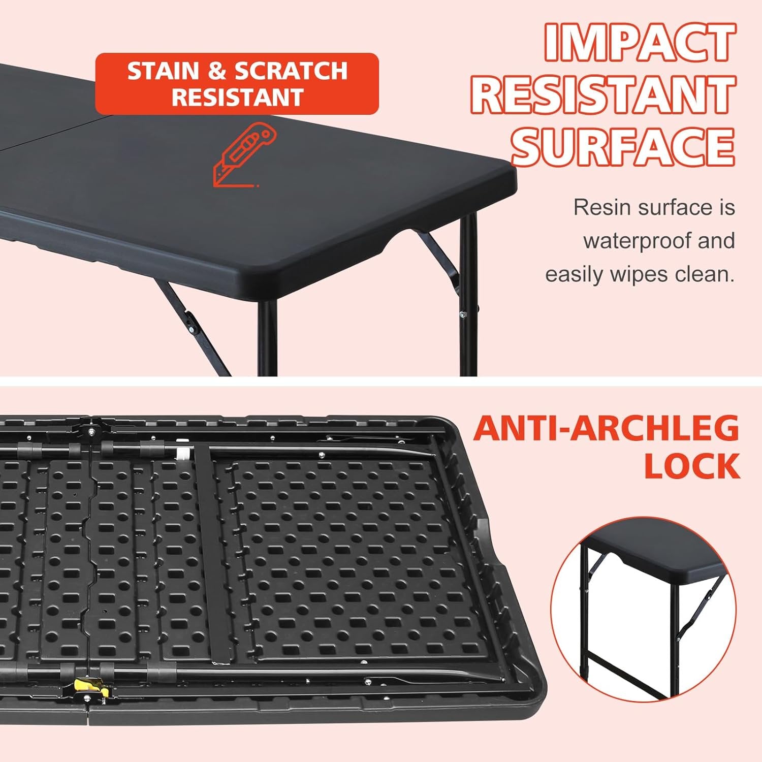 4 Foot Fold-in-Half Adjustable Premium Folding Table, Built-in Handle, Black