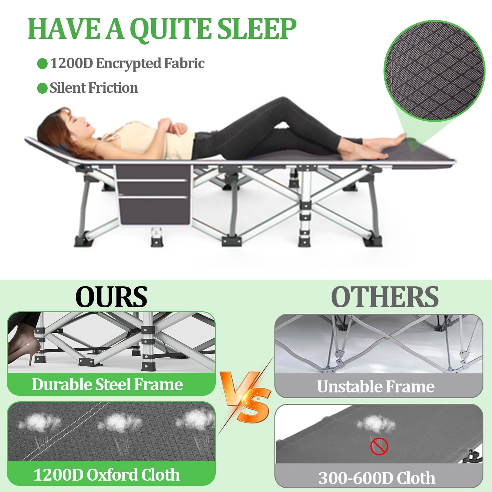 Heavy Duty Camping Cot for Adults, Portable Folding Bed with Mattress, 500LBS Max Load, Double Layer Oxford, with Carry Bag Removable Pillow - Ideal for Home, Office Nap, Outdoor Travel, and Beach Lo