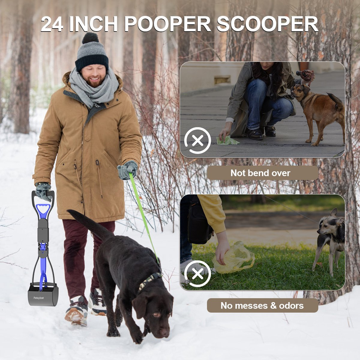 Petxylzet 24" Pooper Scooper Tool for Dogs and Cats , Foldable Pet Pooper Scooper Tool with 6 Roll Waste Bags,Durable Long Handled Poop Pick Up Tool,Great for Lawns, Grass, Dirt, Gravel