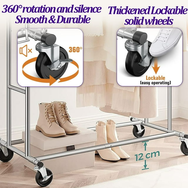 Camkey Clothes Rack for Hanging Clothes, Hat, Bag, Portable Rolling Garment Rack with Wheels, Coat Rack Supports up to 400 lbs, Silver