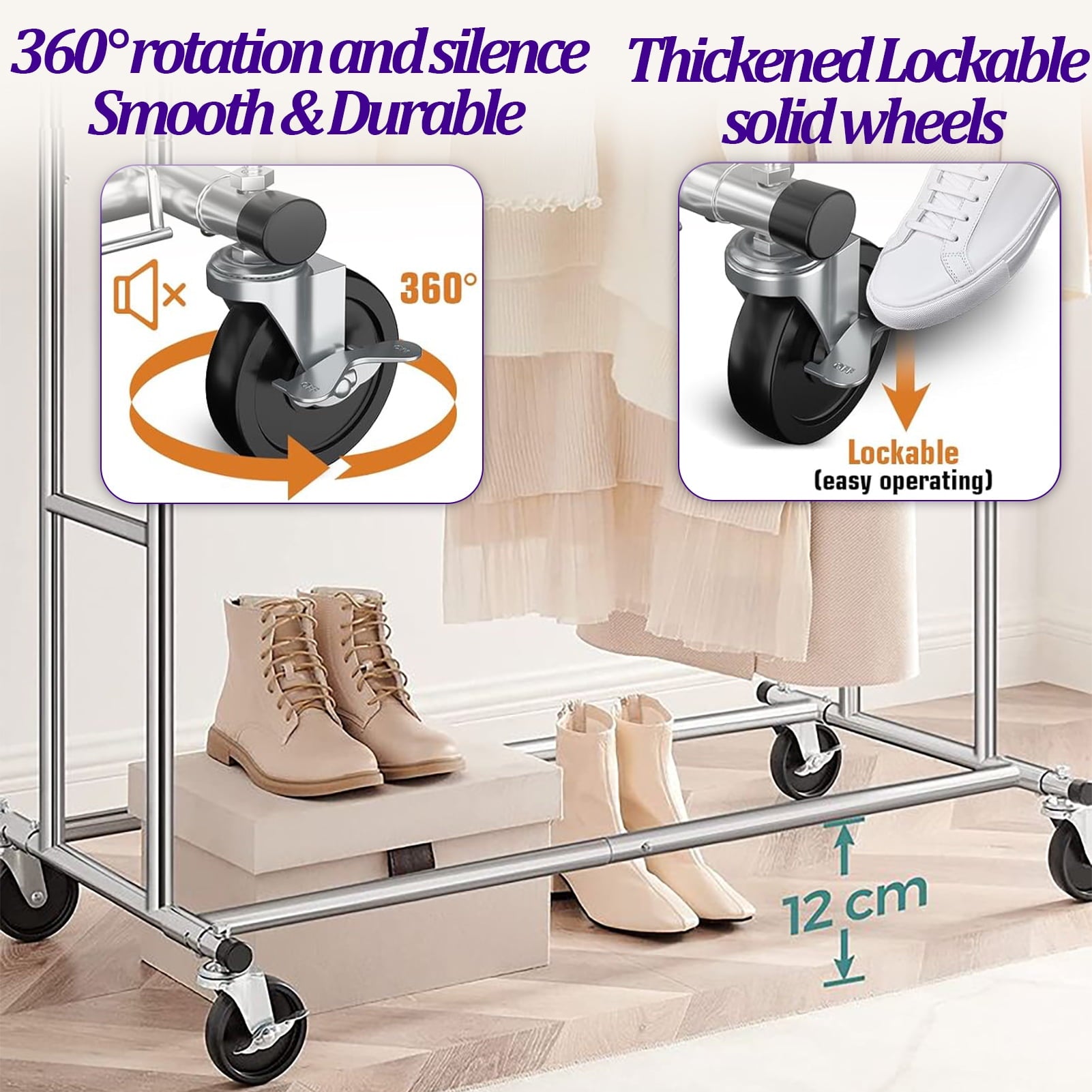Clothes Rack Heavy Duty Load 600Lbs, Rolling Clothing Racks for Hanging Clothes, Commercial Garment Rack, Collapsible ＆ Portable Clothes Rack with Wheels and Adjustable Shelves