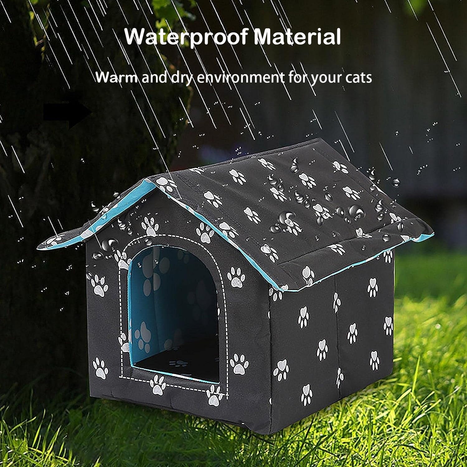 PETIMI Outdoor Cat House, Foldable Cat Bed Cave, Easy to Assemble Outdoor Cat Tent, Weatherproof Outdoor Shelter for Cats Dogs - Black, Large