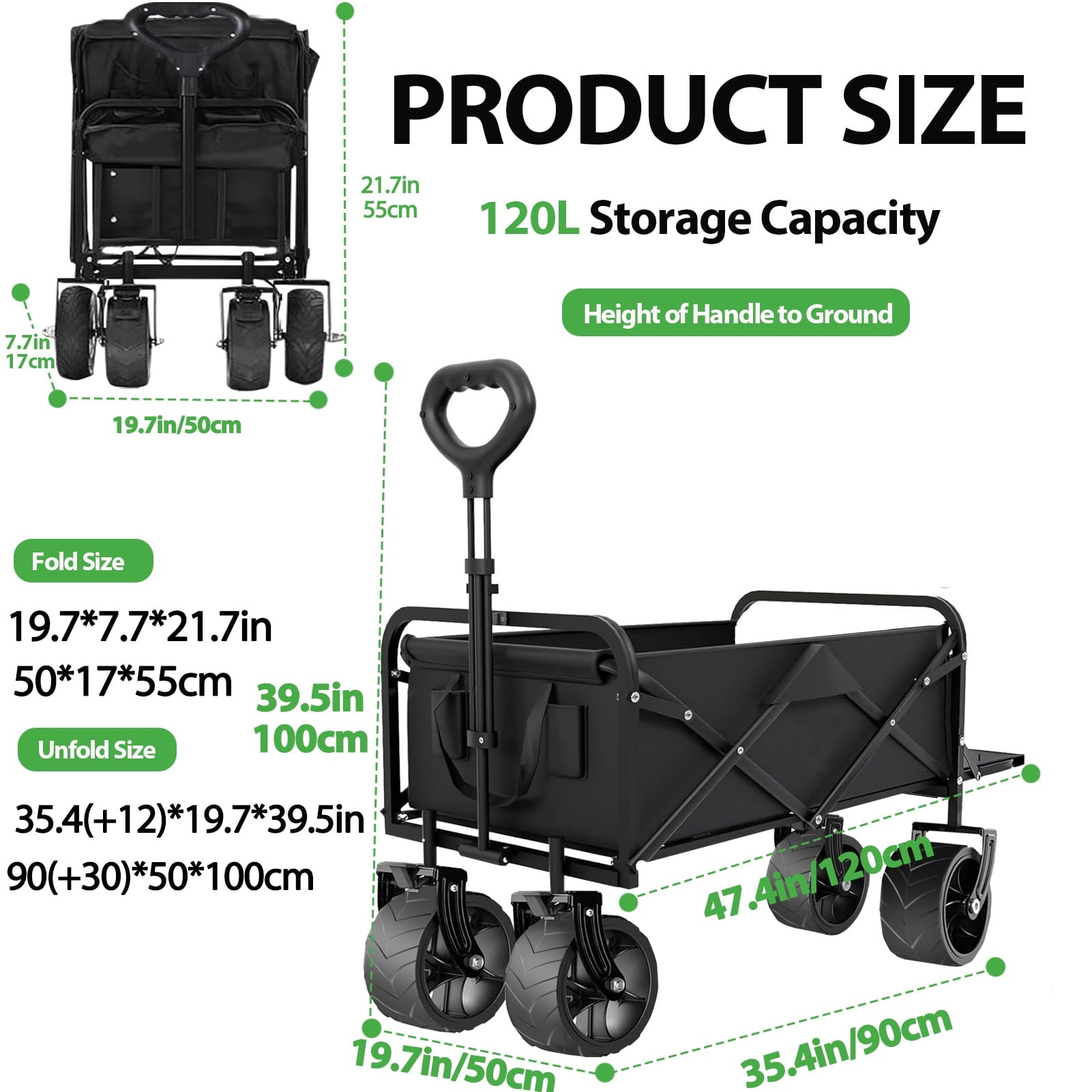 Heavy Duty Collapsible Folding Wagon Cart - All Terrain Utility Garden Cart for Camping Shopping Sports - Foldable Beach Wagon with Wheels, Extra Pocket and Storage Bag, Black
