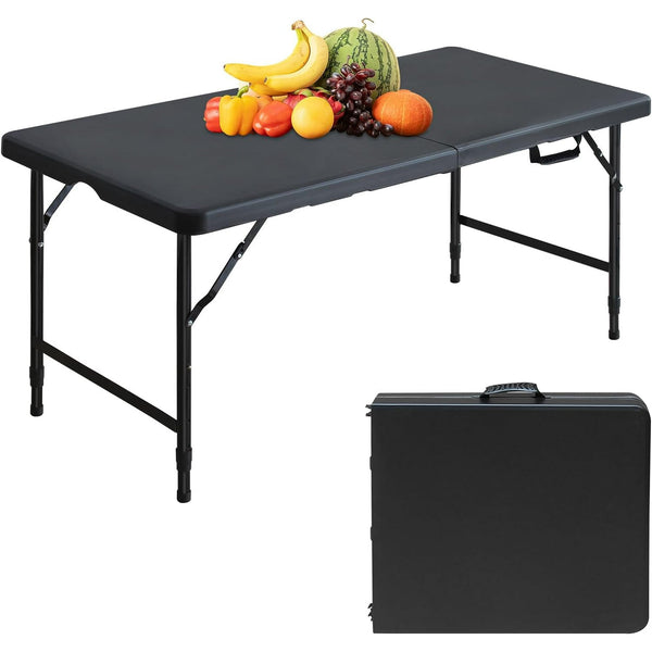 4 Foot Fold-in-Half Adjustable Premium Folding Table, Built-in Handle, Black