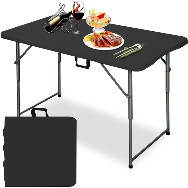 4 Foot Folding Table –Portable Convenient Fold-in-Half Design, Heavy-Duty for Picnics, Parties, and BBQs – Stylish and Practical for Indoor and Outdoor Living,Black
