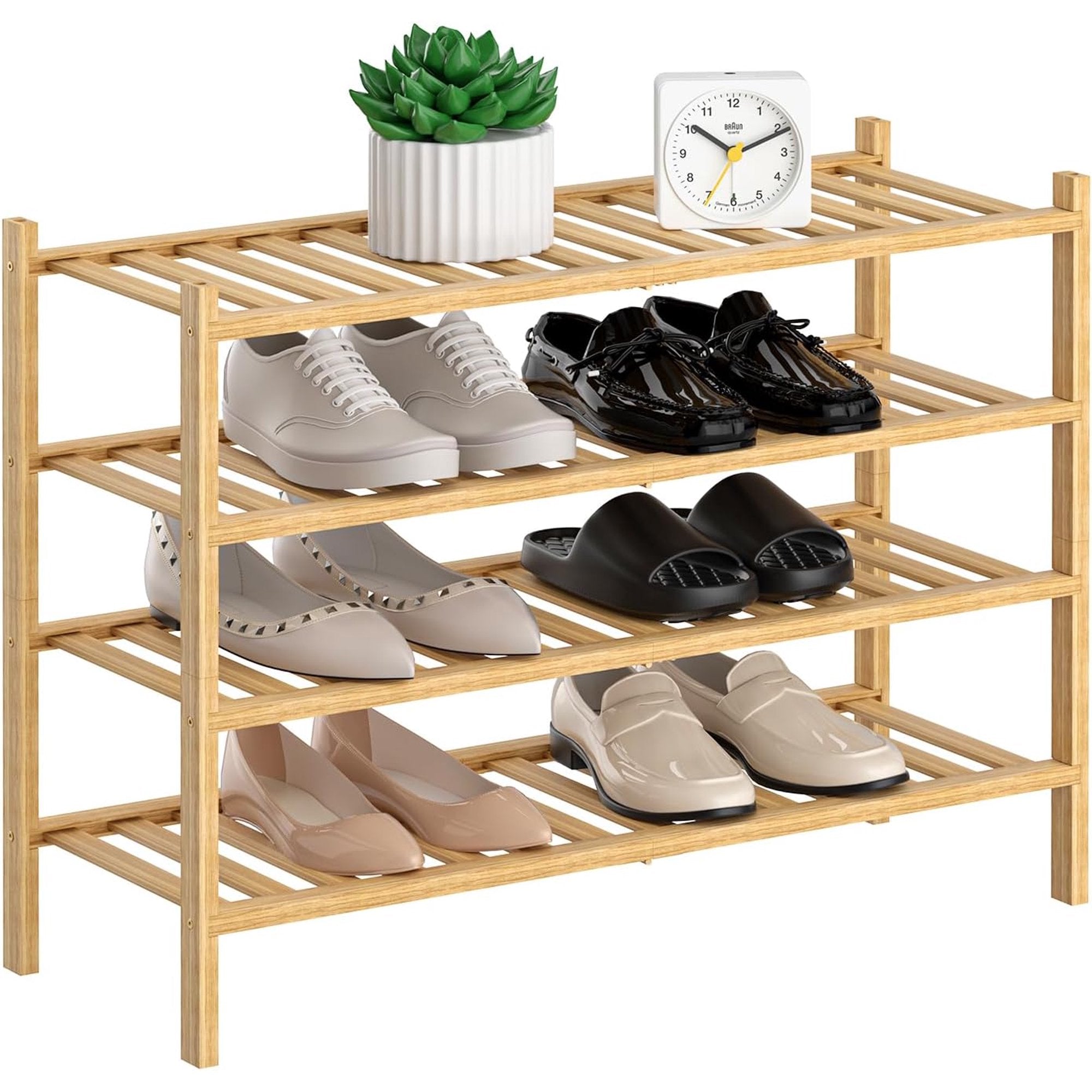 4-Tier Natural Bamboo Shoe Rack - Stackable Storage Shelf with Multi-Function Combinations - Free Standing Shoe Racks for Convenient Shoe Organization（Natural） 11" D x 27" W x 28" H
