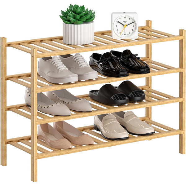 4-Tier Natural Bamboo Shoe Rack - Stackable Storage Shelf with Multi-Function Combinations - Free Standing Shoe Racks for Convenient Shoe Organization（Natural） 11" D x 27" W x 28" H