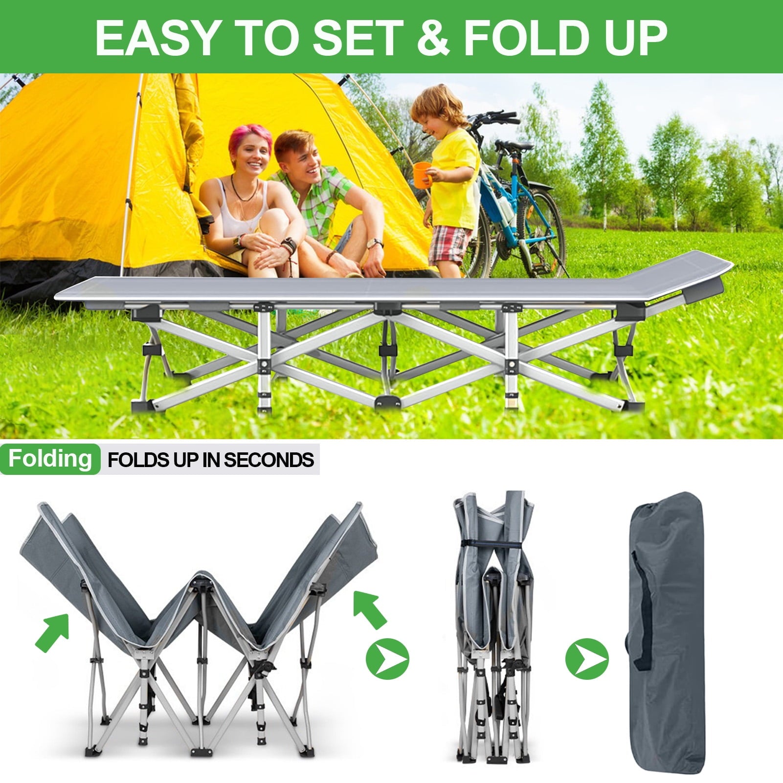 Heavy Duty Camping Cot for Adults, Portable Folding Bed with Mattress, 500LBS Max Load, Double Layer Oxford, with Carry Bag Removable Pillow - Ideal for Home, Office Nap, Outdoor Travel, and Beach Lo