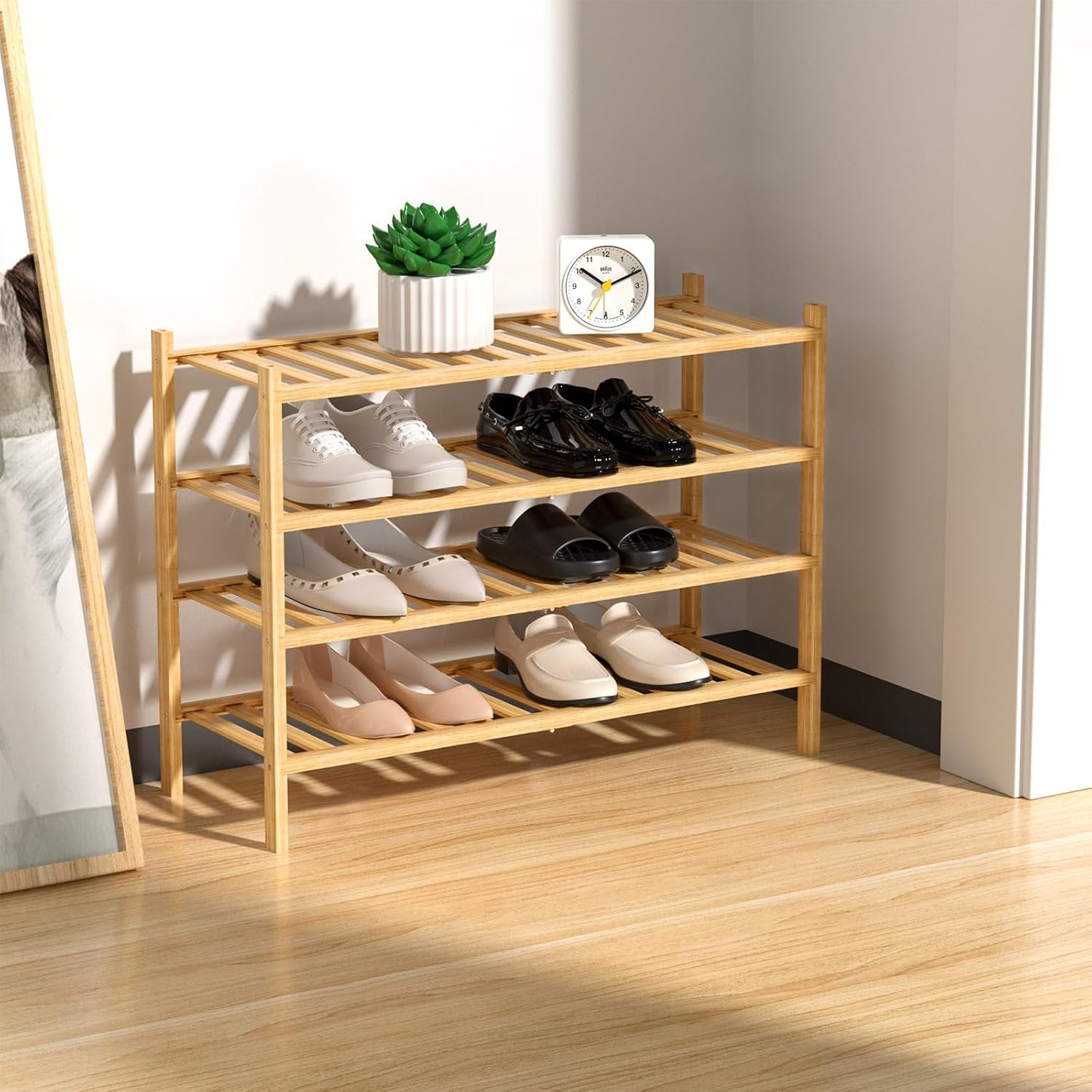 4-Tier Natural Bamboo Shoe Rack - Stackable Storage Shelf with Multi-Function Combinations - Free Standing Shoe Racks for Convenient Shoe Organization（Natural） 11" D x 27" W x 28" H