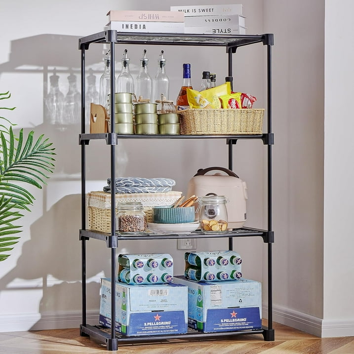 Camkey Storage Shelves with 20 Hooks, 4-Tier Collapsible Organization Storage Rack Bookshelf Folding Pantry Shelves Cube Shelf Wire Shelving Holds 440 Ibs for Garage