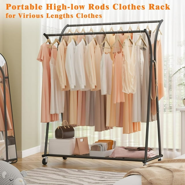 Camkey 59"Clothes Rack Heavy Duty Load 300Lbs, Rolling Clothing Racks for Hanging Clothes, Commercial Garment Rack, Collapsible ＆ Portable Clothes Rack with Wheels and Adjustable Shelves
