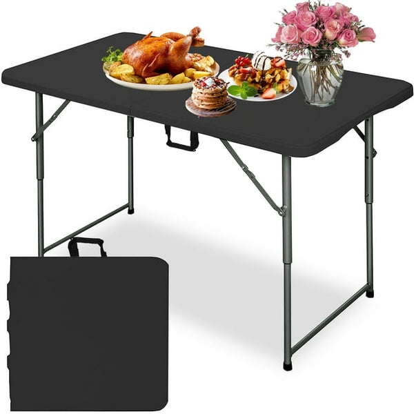 4FT Folding Table - Portable Foldable Table with Lock Function, Ideal for Indoor/Outdoor Use - Compact Design for Dining, Camping, and Parties - Heavy Duty, Black