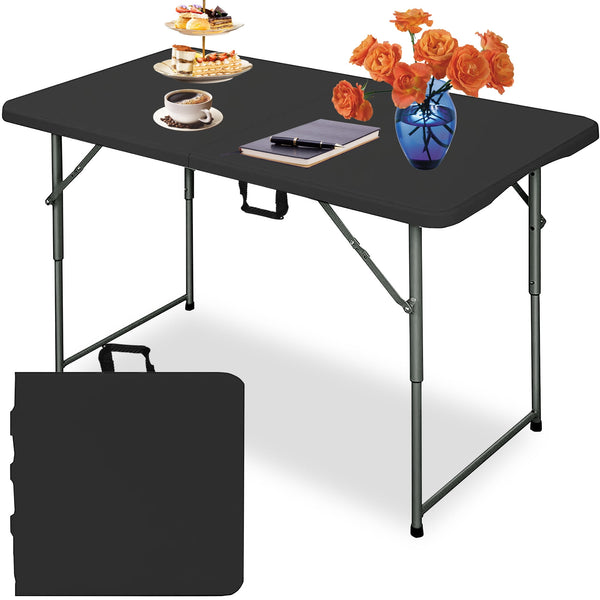 4FT Folding Table - Portable Foldable Table with Lock Function, Ideal for Indoor/Outdoor Use - Compact Design for Dining, Camping, and Parties - Heavy Duty, Black