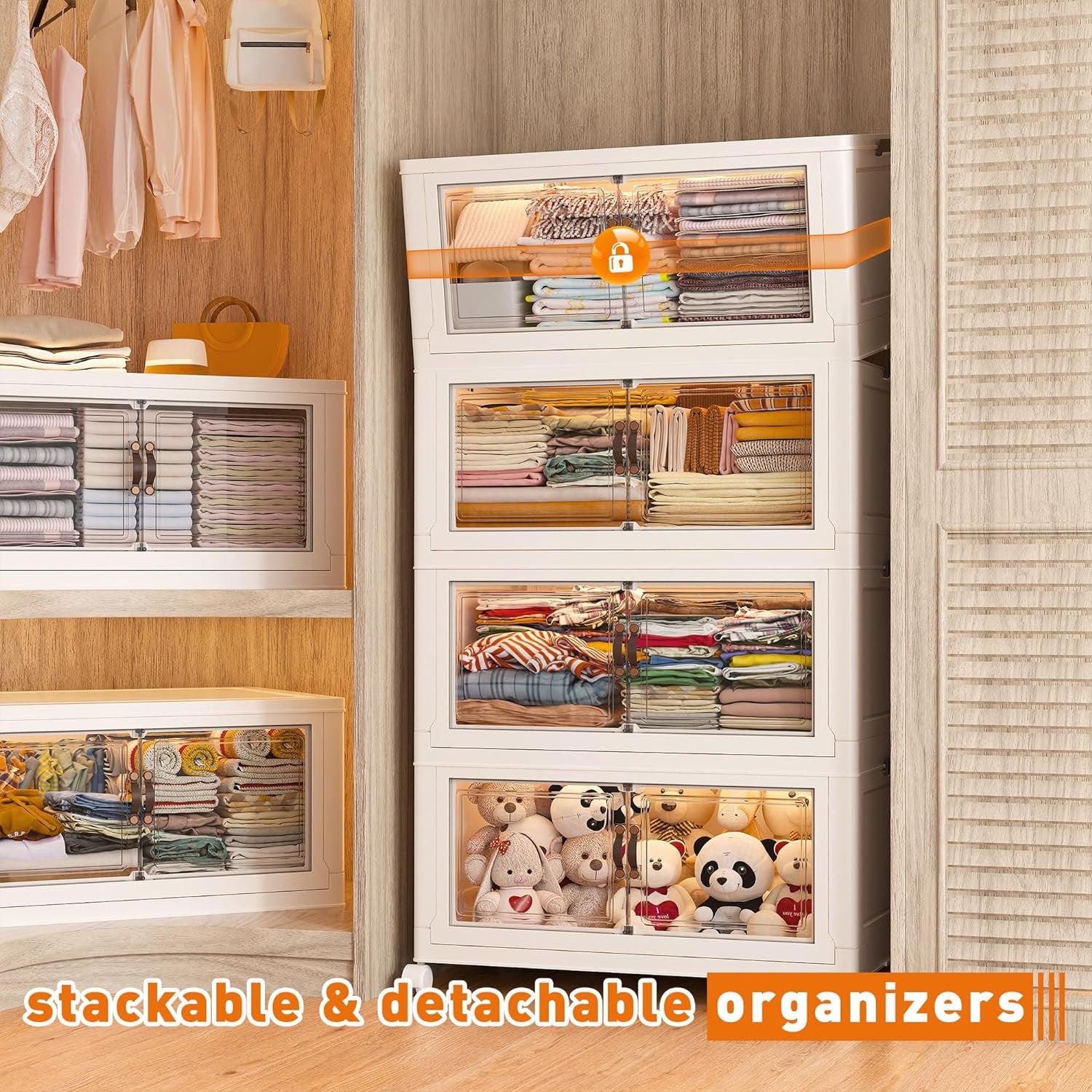 4 Tier Stackable Plastic Storage Bins with Lid and Wheels - 23 QT Closet Organizers and Storage, Foldable Storage Containers, Organization and Storage Boxes for Craft, Home, Pantry, Office, Dorm