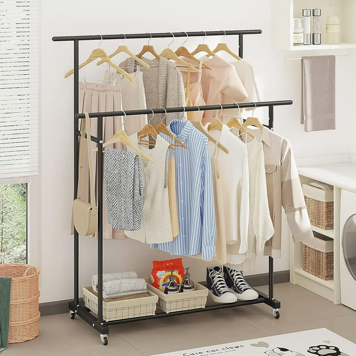 79" Clothes Rack Heavy Duty Load 400Lbs, Rolling Clothing Racks for Hanging Clothes, Commercial Garment Rack, Collapsible ＆ Portable Clothes Rack with Wheels and Adjustable Shelves